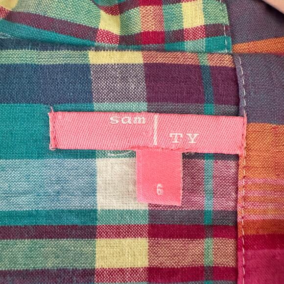 SAM TY Blazer 6 Madras‎ Plaid Patchwork Cotton Crystal Buttons Lined Preppy - Picture 11 of 14
